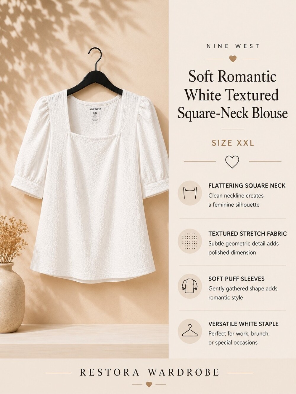 Nine West Romantic White Textured Square Neck Puff Sleeve Blouse XXL